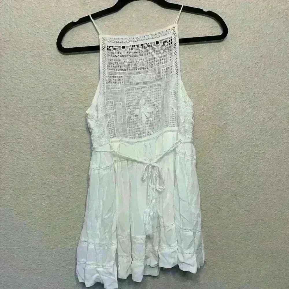 White Free people mini dress sz XS embroidered crochet tiered festival bridal - Picture 6 of 9
